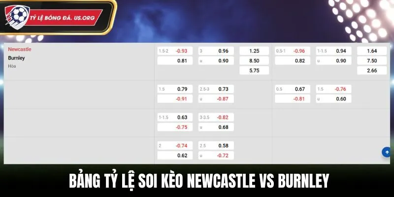 Soi kèo Newcastle vs Burnley - bảng tỷ lệ kèo